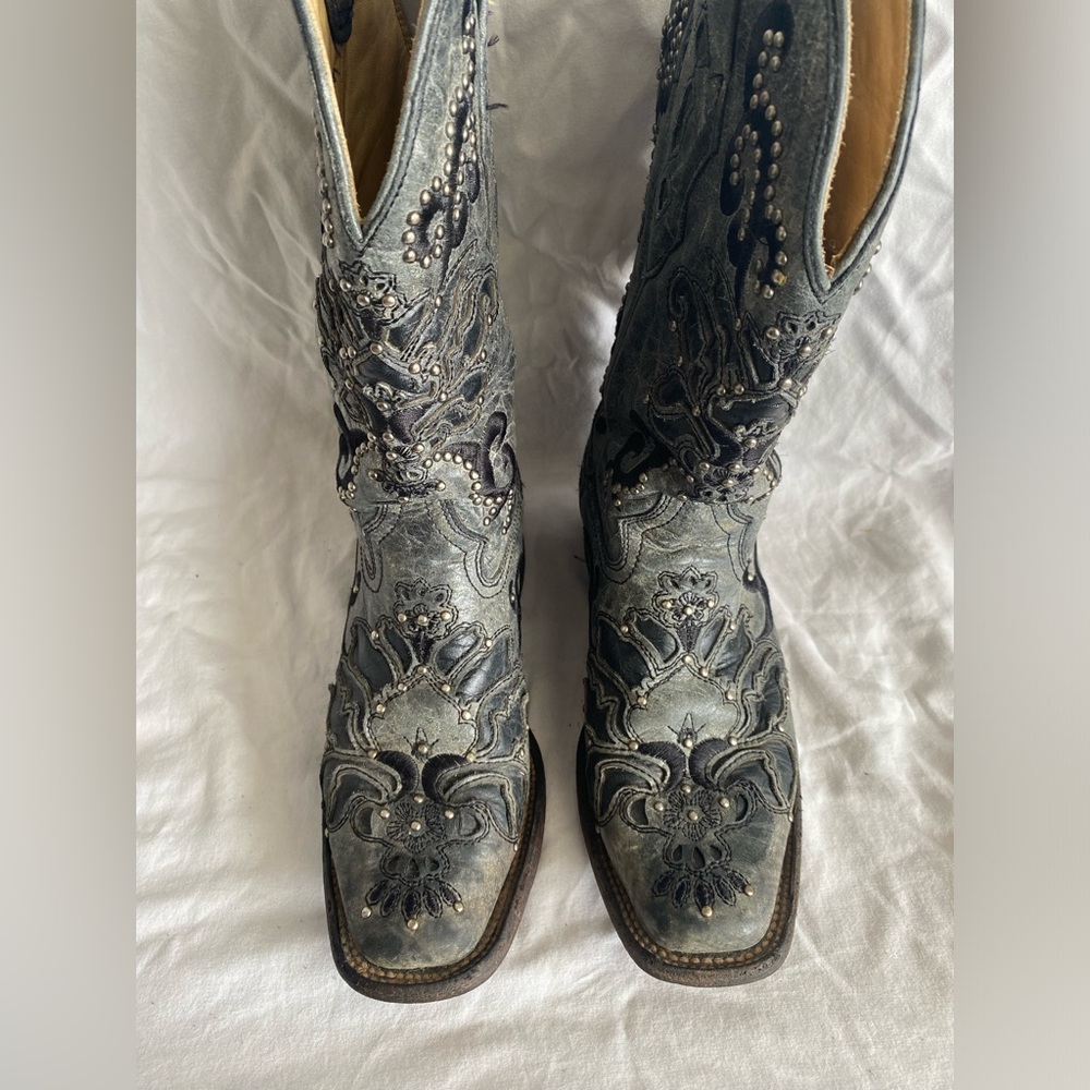 Corral Vintage A1130 Gray Black Studs Leather Cowboy Boots Women’s Size 7M - Picture 7 of 14